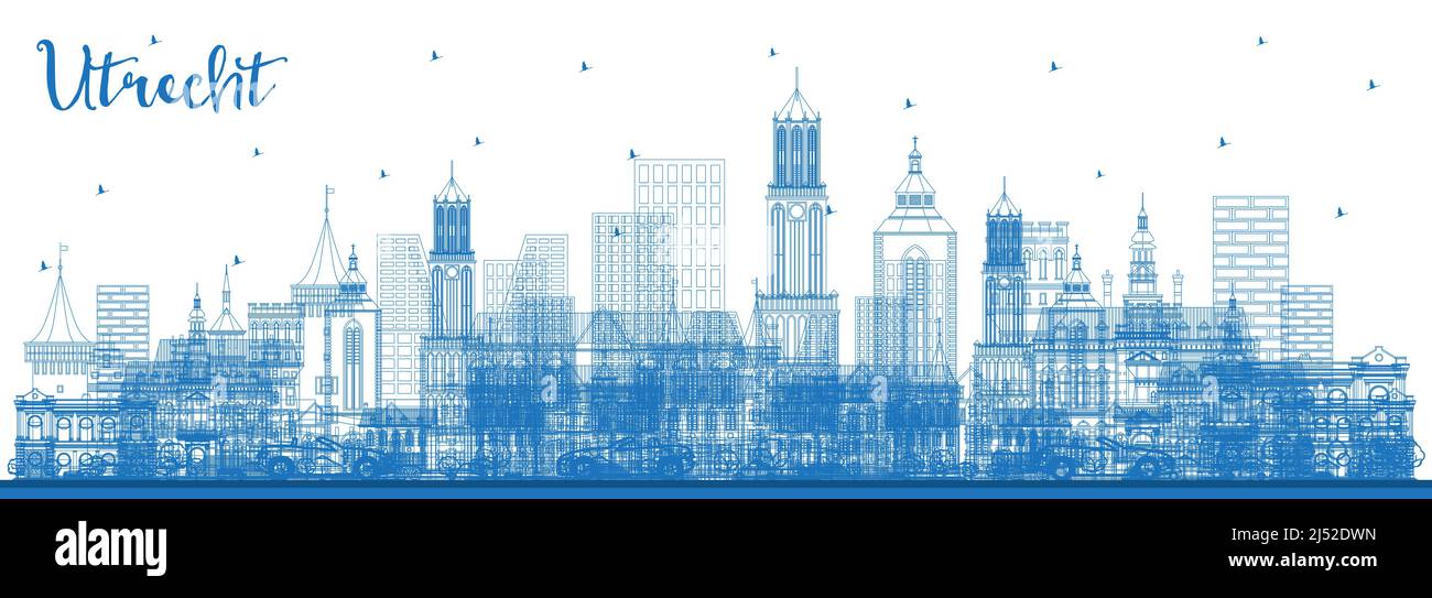 Umrisse Utrecht Niederlande Skyline der Stadt mit blauen Gebäude. Business Travel und Tourismus Konzept mit historischer Architektur. Stock Vektor