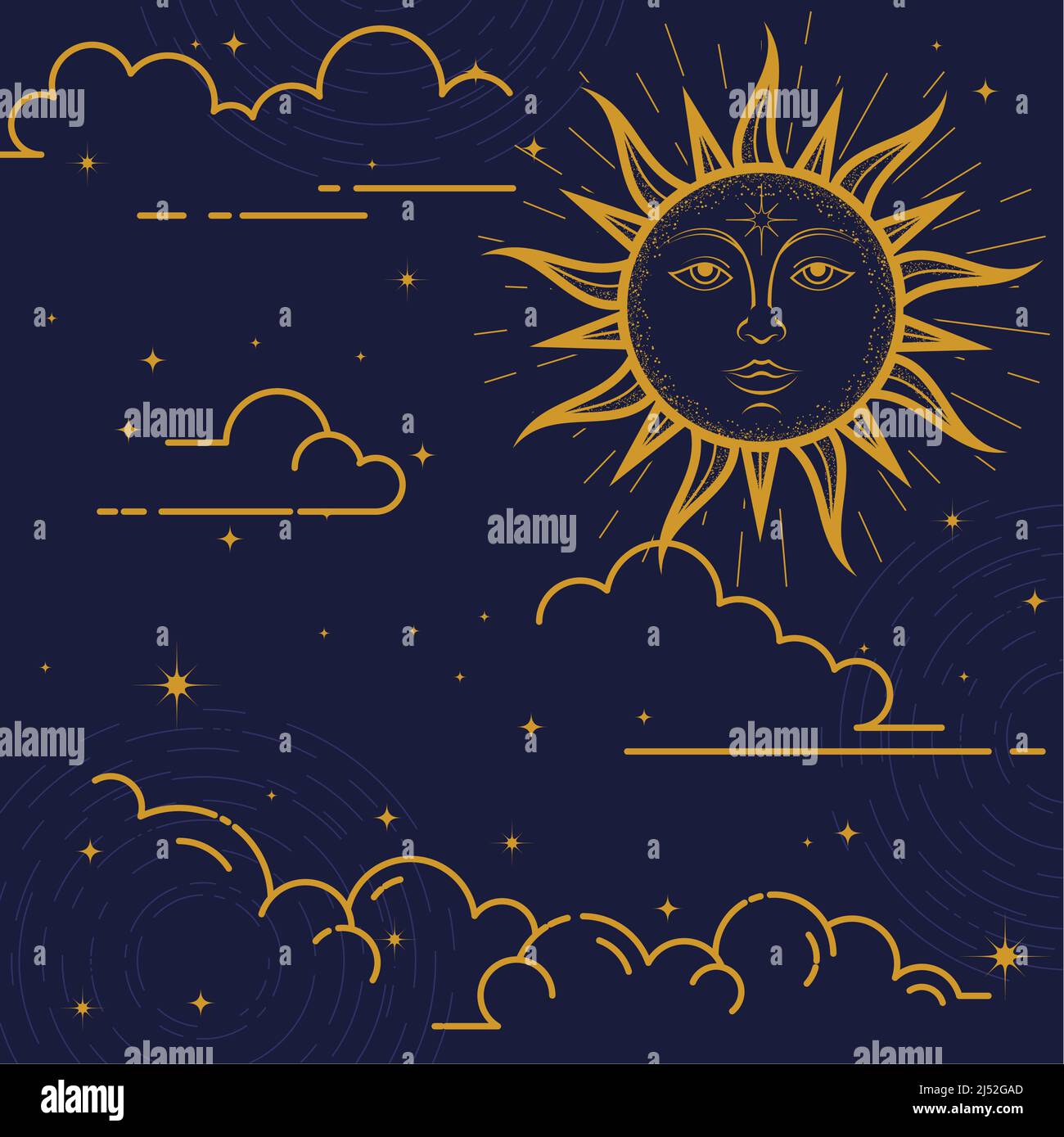 Mystischer Hintergrund, Sonne mit Gesicht, Wolken und Sterne, esoterisches und astrologisches Design, magische Sonne, Vektor Stock Vektor