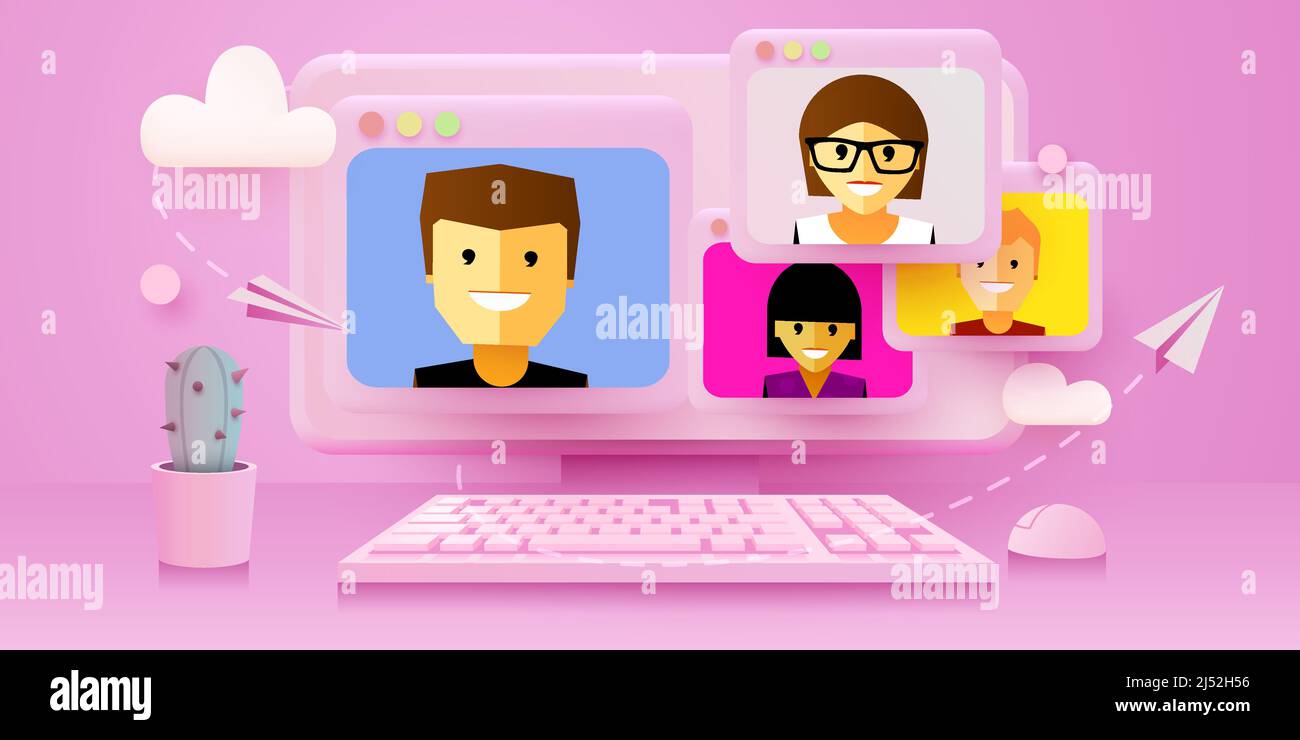 Online-Schulungen, Videokonferenzen und Fernschulungskonzept. Computer mit Videoanruf. Landing Page Stock Vektor