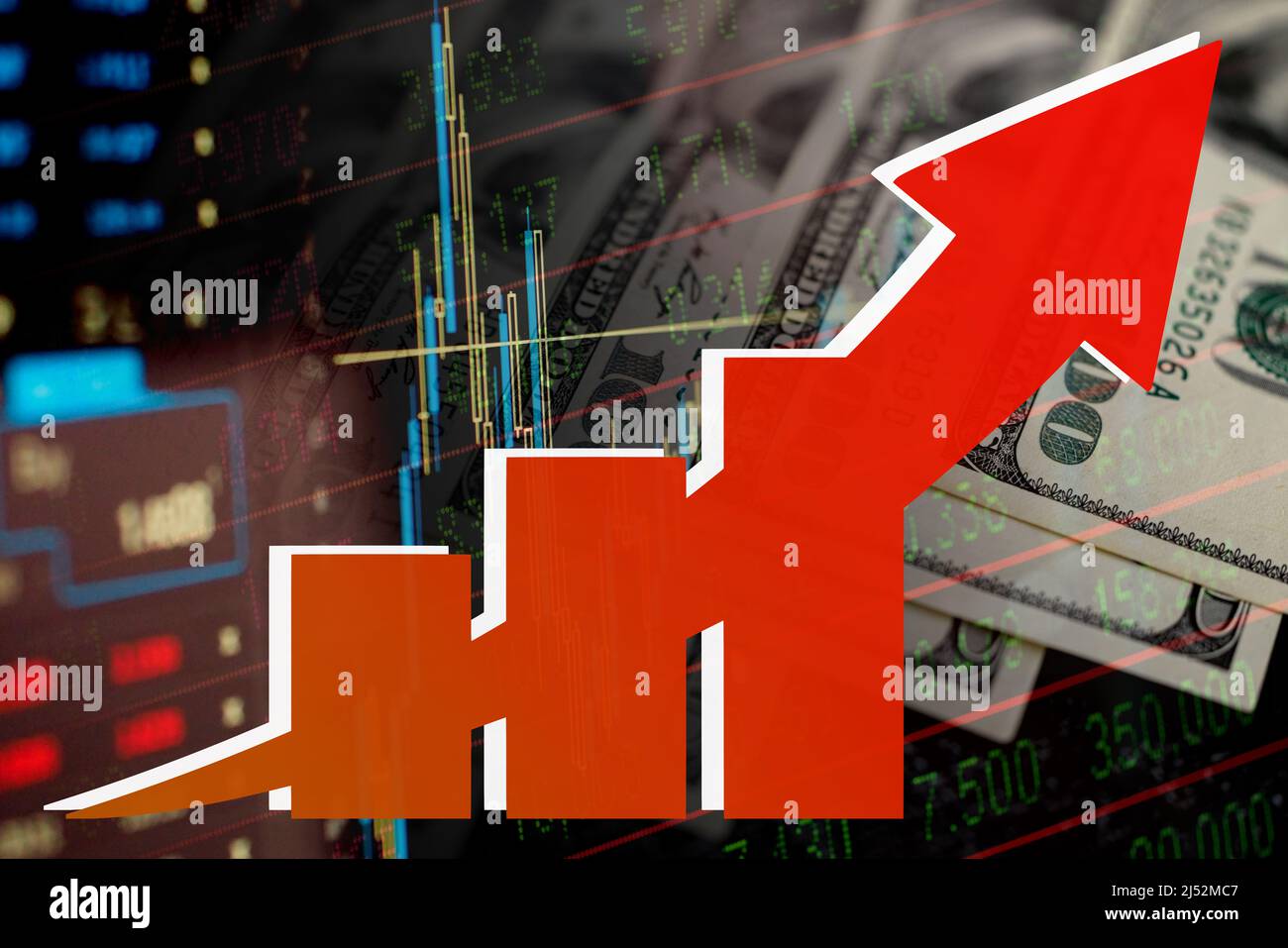 Wirtschaftsdiagramm: Roter Aufwärtspfeil, Dollar und Aktienmarktindikatoren Stockfoto