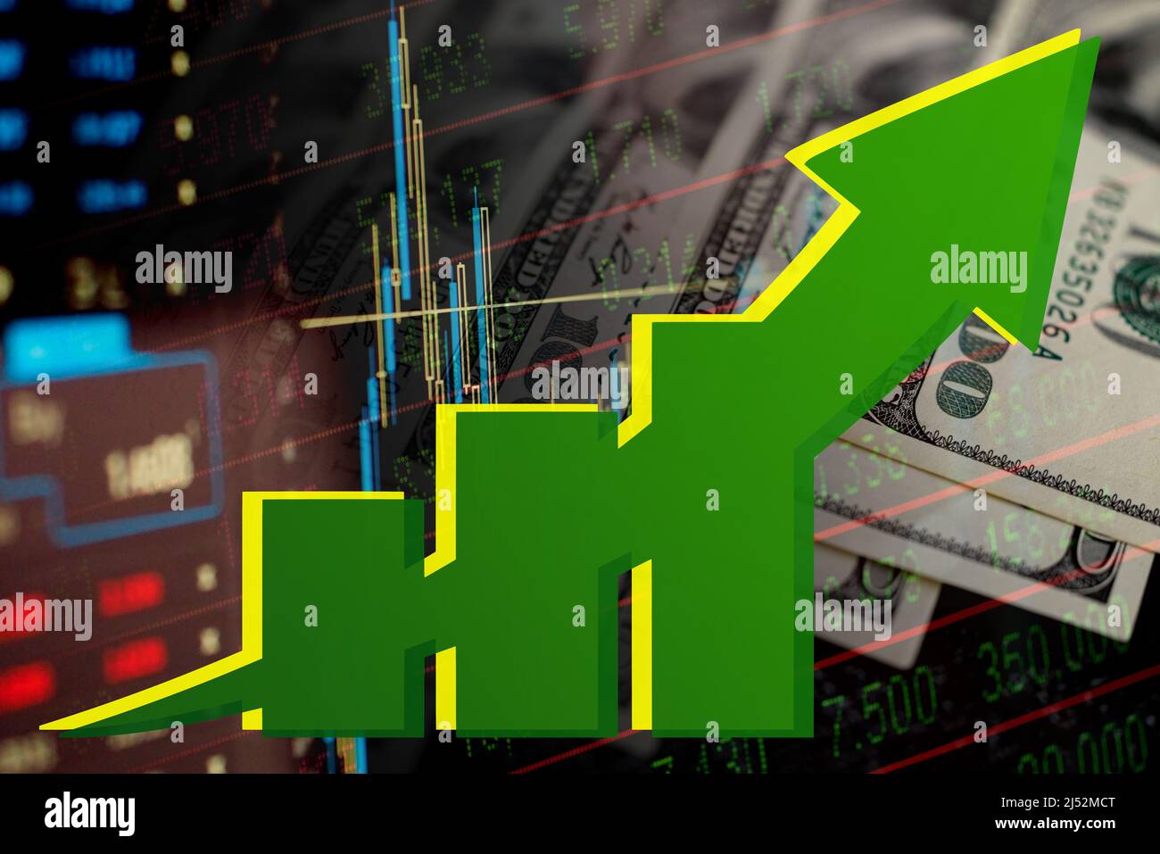 Konjunkturdiagramm: Grüner Pfeil nach oben, Bargeldrechnungen und Börsenindikatoren – Geldverdienen, Geschäftserfolg, Wohlstand, globale Finanzen, Technologie Stockfoto