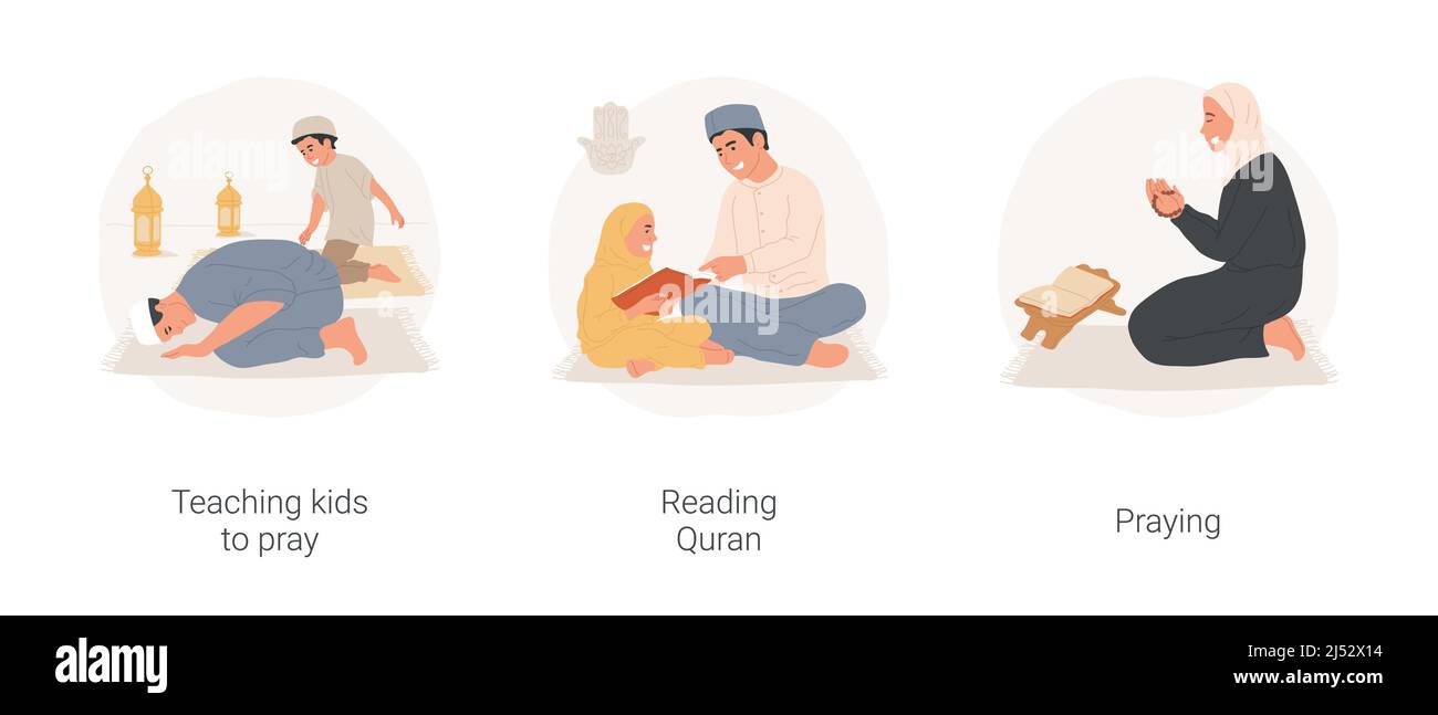 Muslimische Traditionen isoliert Cartoon Vektor Illustration Set. Kinder beten lehren, sujud machen, religiöse Familie lesen Koran zusammen, arabische Frau beten zu Allah, Praxis Islam Vektor Cartoon. Stock Vektor
