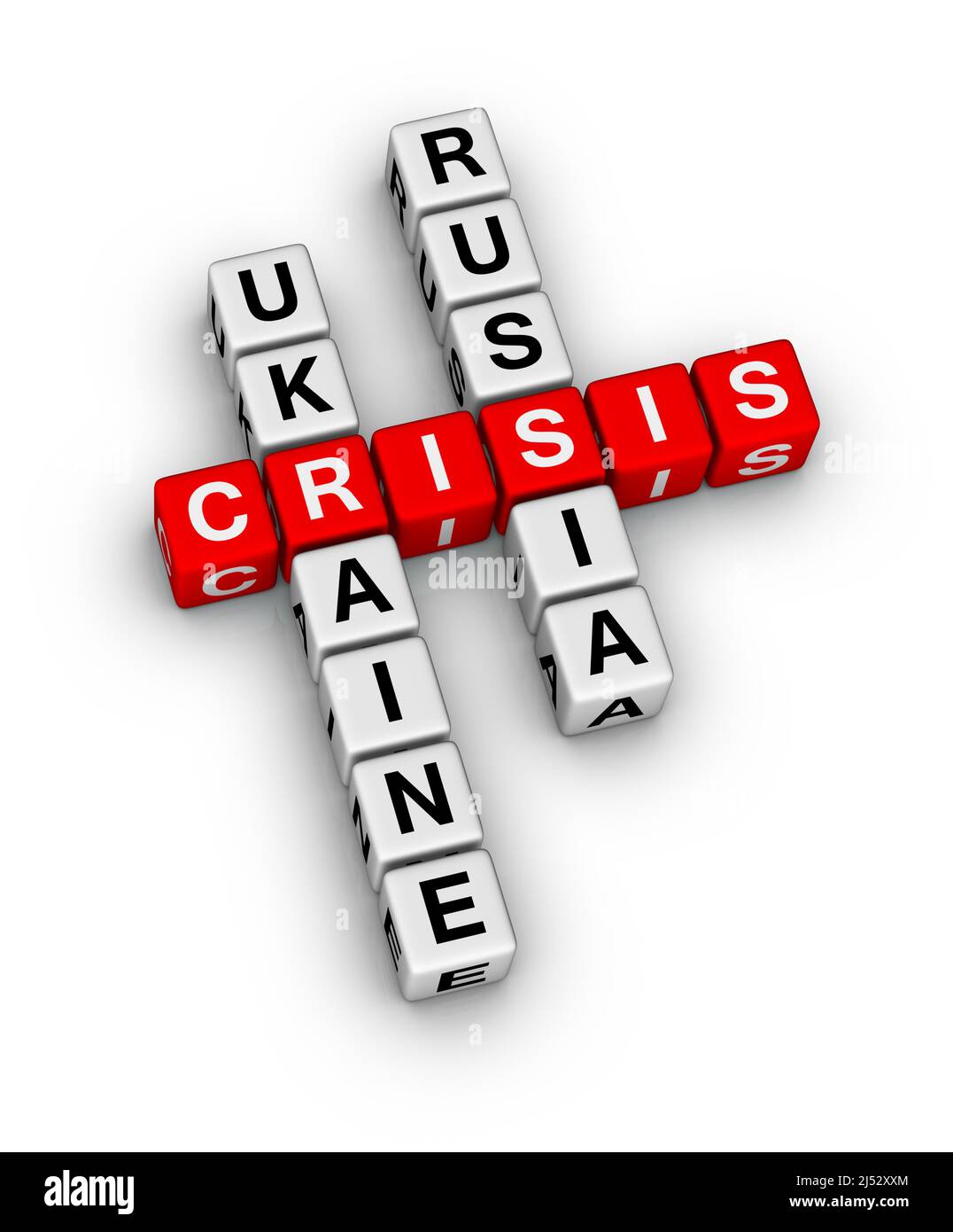 Russland Ukraine Krise Kreuzworträtsel. 3D Abbildung auf weißem Hintergrund Stockfoto