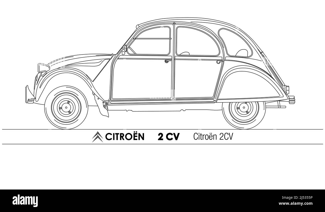 Der Oldtimer von 2CV, Frankreich, skizzierte Illustration auf weißem Hintergrund Stockfoto