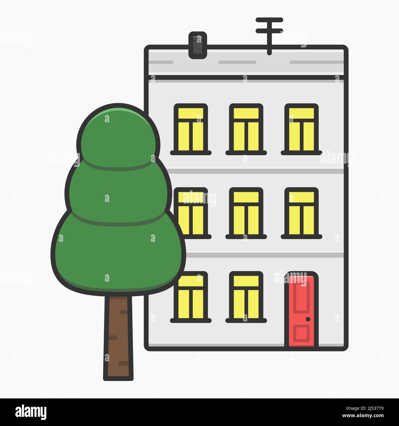 Apartmentgebäude mit Baum Vektor flache Abbildung Stock Vektor