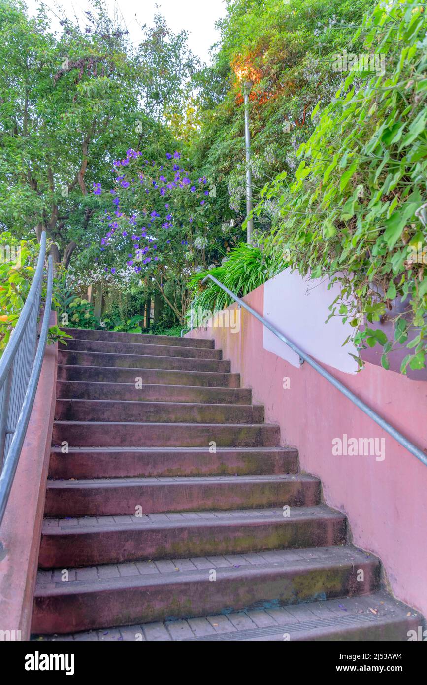 Außentreppen Metallgeländer auf den Treppen mit Ziegelsteinen in San Francisco, Kalifornien Stockfoto