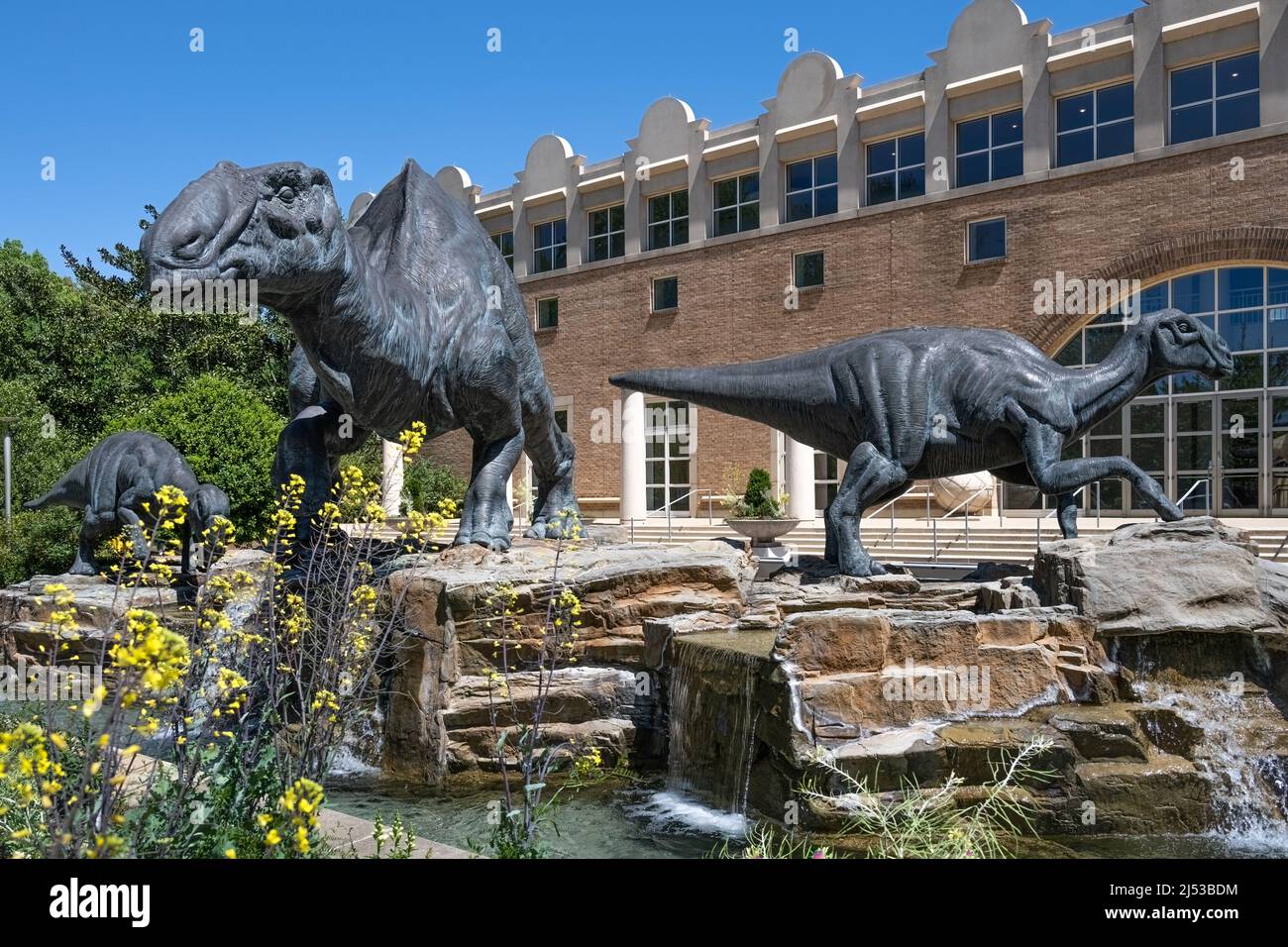 Dinosaurier-Skulpturen von Hadrosauren (Lophorhothon atopus) am Eingang des Fernbank Museum of Natural History in Atlanta, Georgia. (USA) Stockfoto