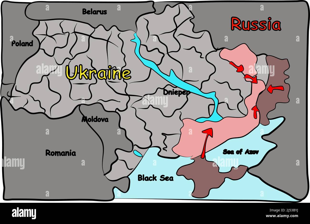 Ukraine-Kriegskarte. Russland und die Ukraine militärischer Konflikt 2022 im Südosten. Vektorgrafik Stock Vektor