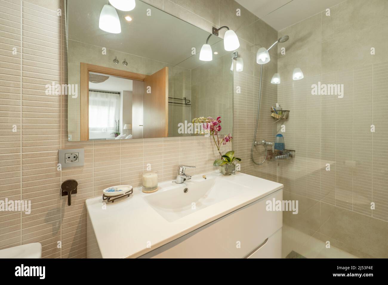Badezimmer mit rahmenlosem Spiegel, Lampen mit Glasschirmen, Blumen in einer Ecke und Duschkabine mit Glasschirm Stockfoto