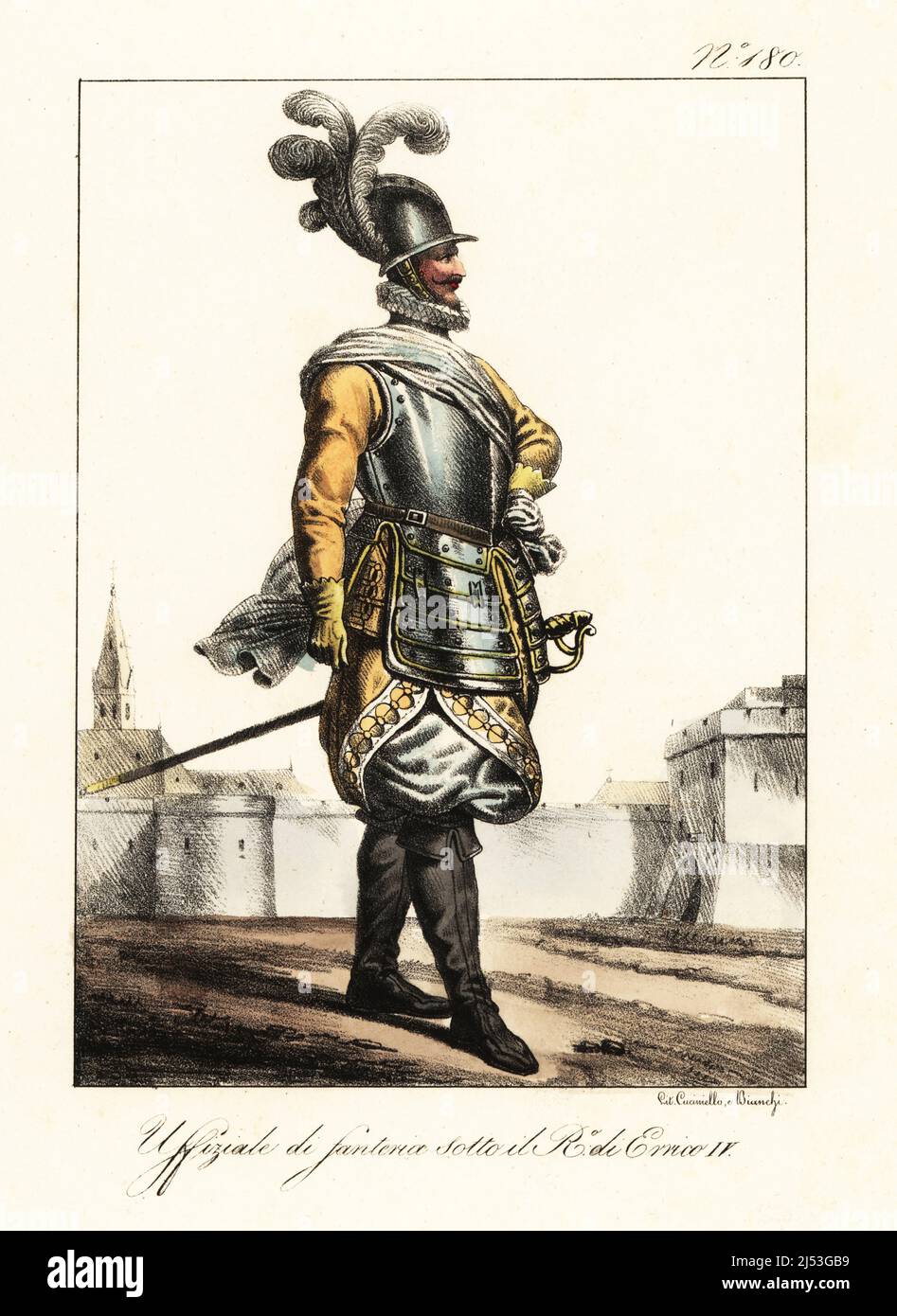 Französischer Infanterieoffizier unter König Heinrich IV., 1589-1610. In  Morion Helm mit Feder, Brustschild mit tbestohlen, Buff doublet und Kürbis  Hosen, Schärpe, Stiefel, und Schwert. Officier d'Infanterie sous le Regne  de Henry IV.
