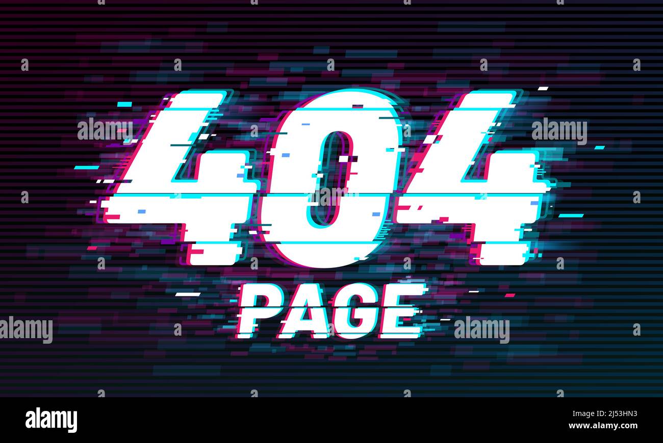 404-seitiger Glitch-Effekt, nicht gefundener Fehlervektor-Hintergrund des Computerbildschirms oder der Internet-Website mit Neon-Pixel-Rauschen. TV statisch, schlechtes Signal und verlorene Signalstrukturen mit verzerrten Buchstaben Stock Vektor