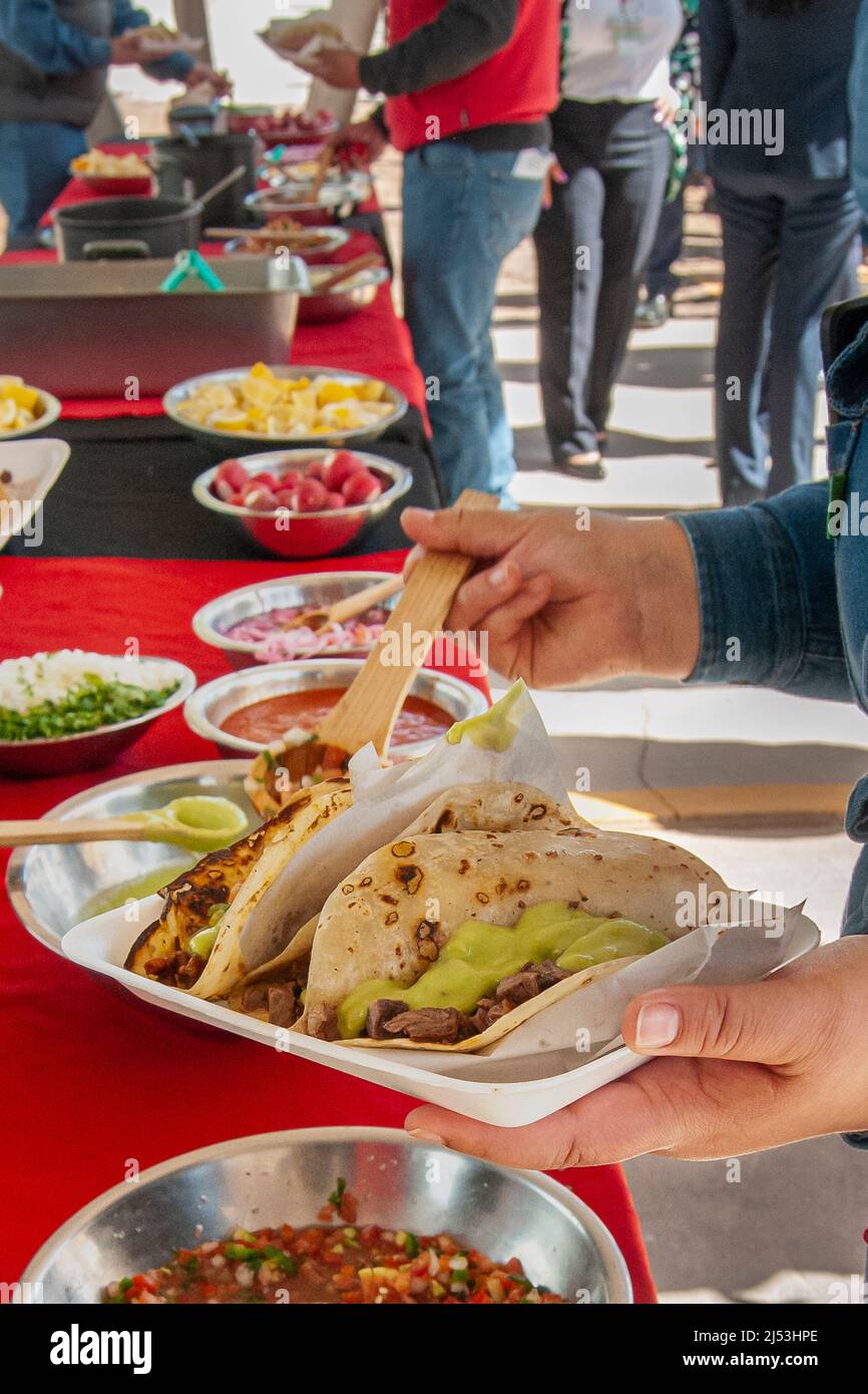 Street Food Fotografie, mexikanischer Taco Stand, Carne Asada Tacos oder Taquitos auf der Straße, scharfe Salsas im Hintergrund. Traditioneller mexikanischer Taco Stockfoto