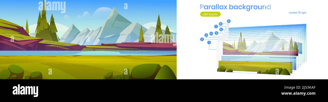 Bergtal mit Fluss, grünem Gras und Tannen. Vector Parallax Hintergrund bereit für 2D Animation mit Cartoon-Illustration der Sommerlandschaft mit Wasserstrom, Nadelbäume und Felsen Stock Vektor