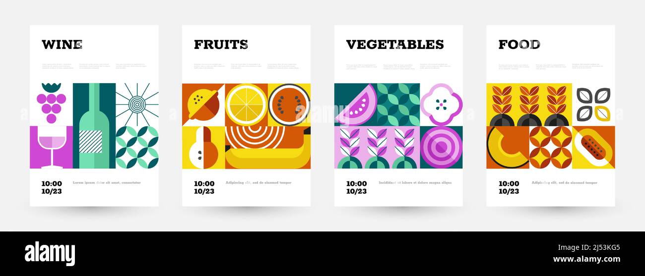 Geometrisches Lebensmittelposter. Abstraktes Plakat mit minimalistischem Obst und Gemüse für Lebensmittelmarkt und Lebensmittelgeschäft. Vektorset Stock Vektor