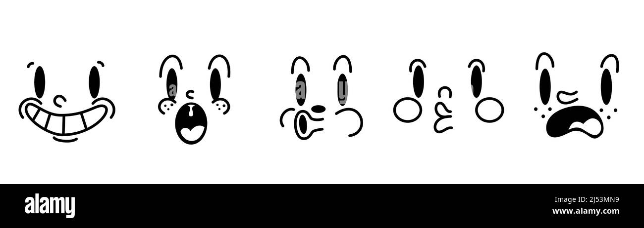 Retro 30s Cartoon und Comics Figuren Gesichter. Traditionelle Emotionen Vektor-Elemente. Ersteller von Vintage-Figuren für Trenddarstellungen. Stock Vektor