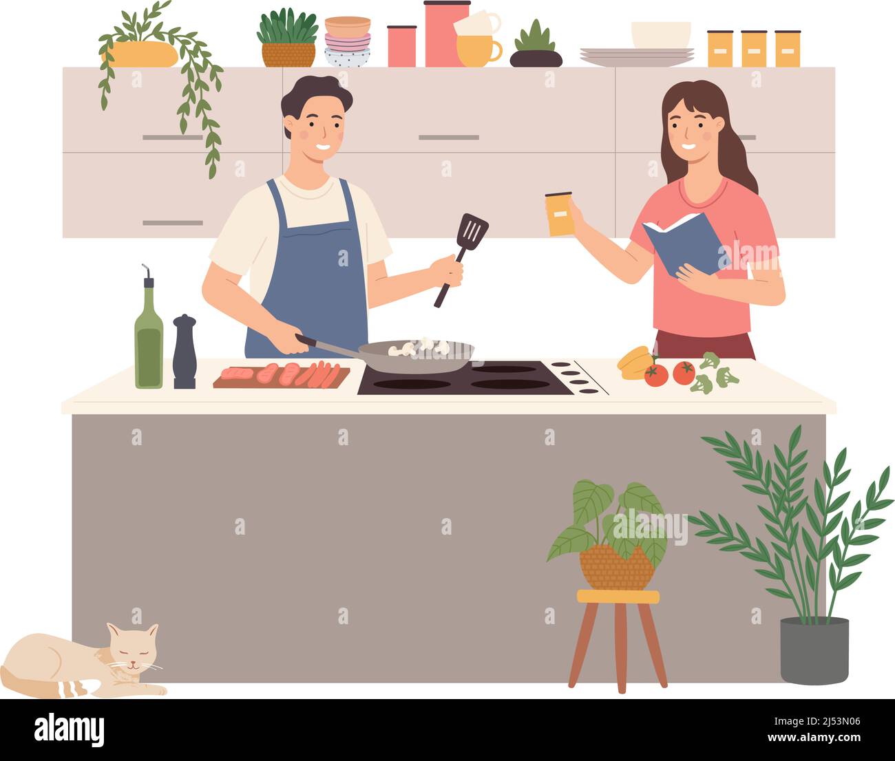 Leute kochen zu Hause, glückliches Paar in der Küche Stock Vektor