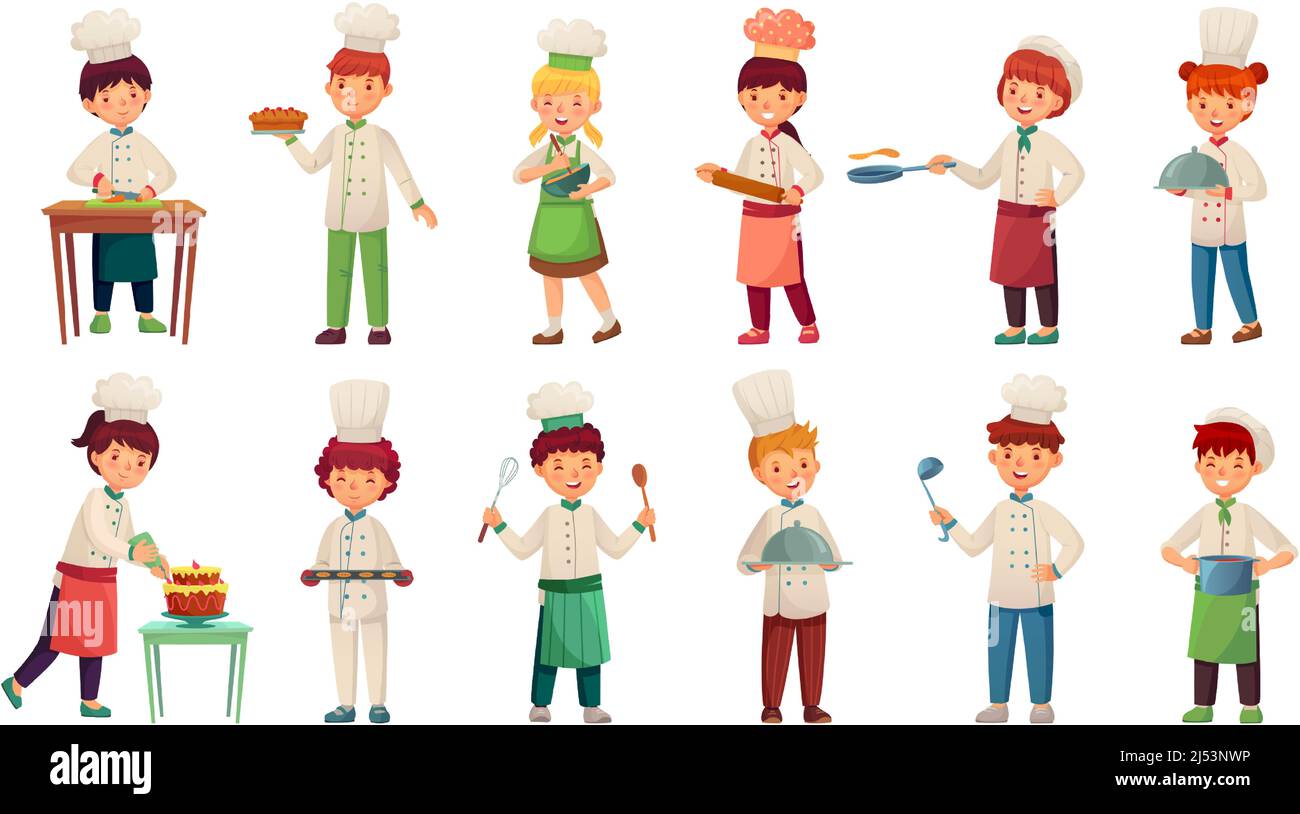 Cartoon Kinder kocht, Junge und Mädchen in weißem Anzug und Hut Stock Vektor