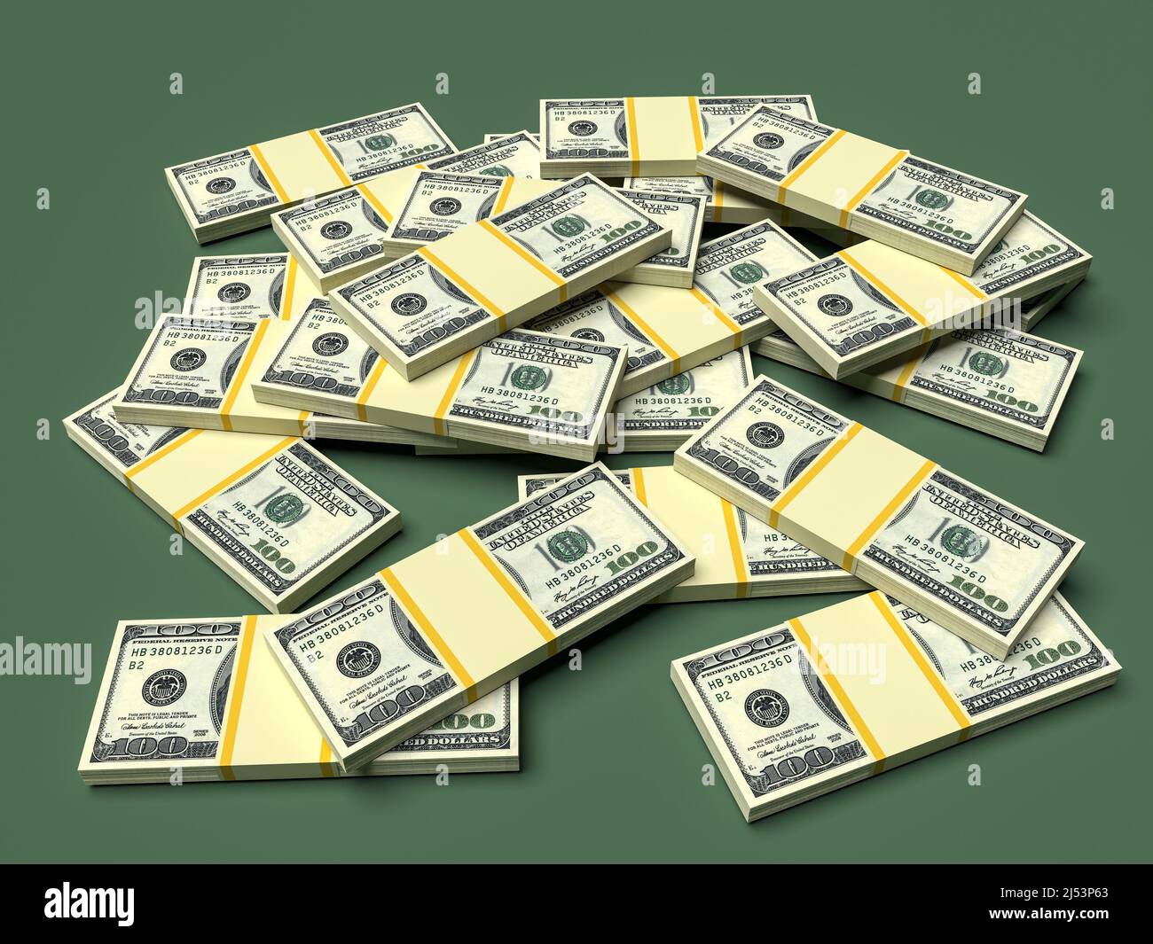 Große Geldstapel aus Dollar. Konzept der US-Dollar-Finanzierung. 3D Rendern Stockfoto