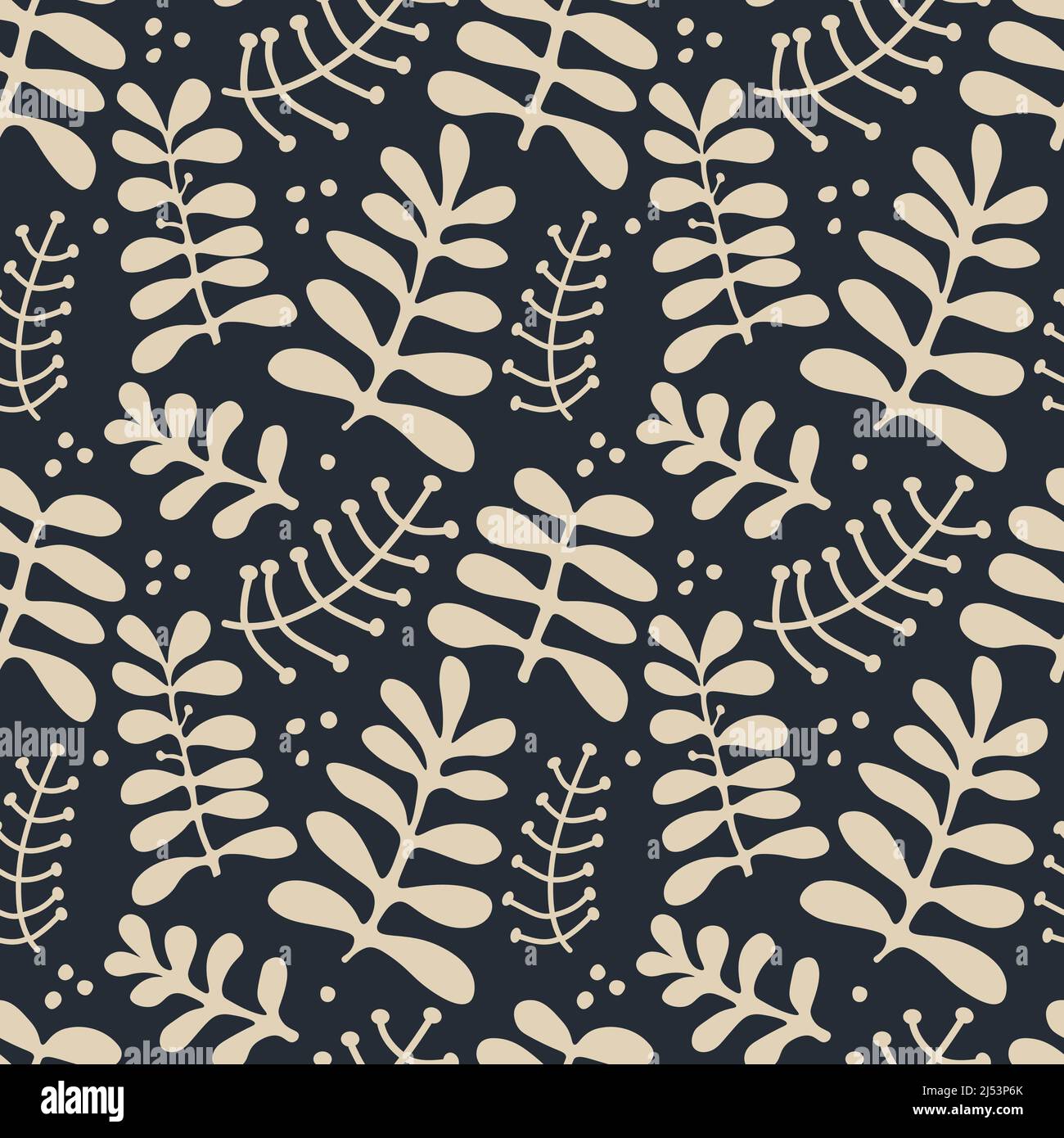 Elegantes Vektor-Nahtloses Muster mit Blättern und Ästen. Moderner abstrakter Hintergrund im skandinavischen Stil. Druck für Textil, Stoff, Wohnkultur Stock Vektor
