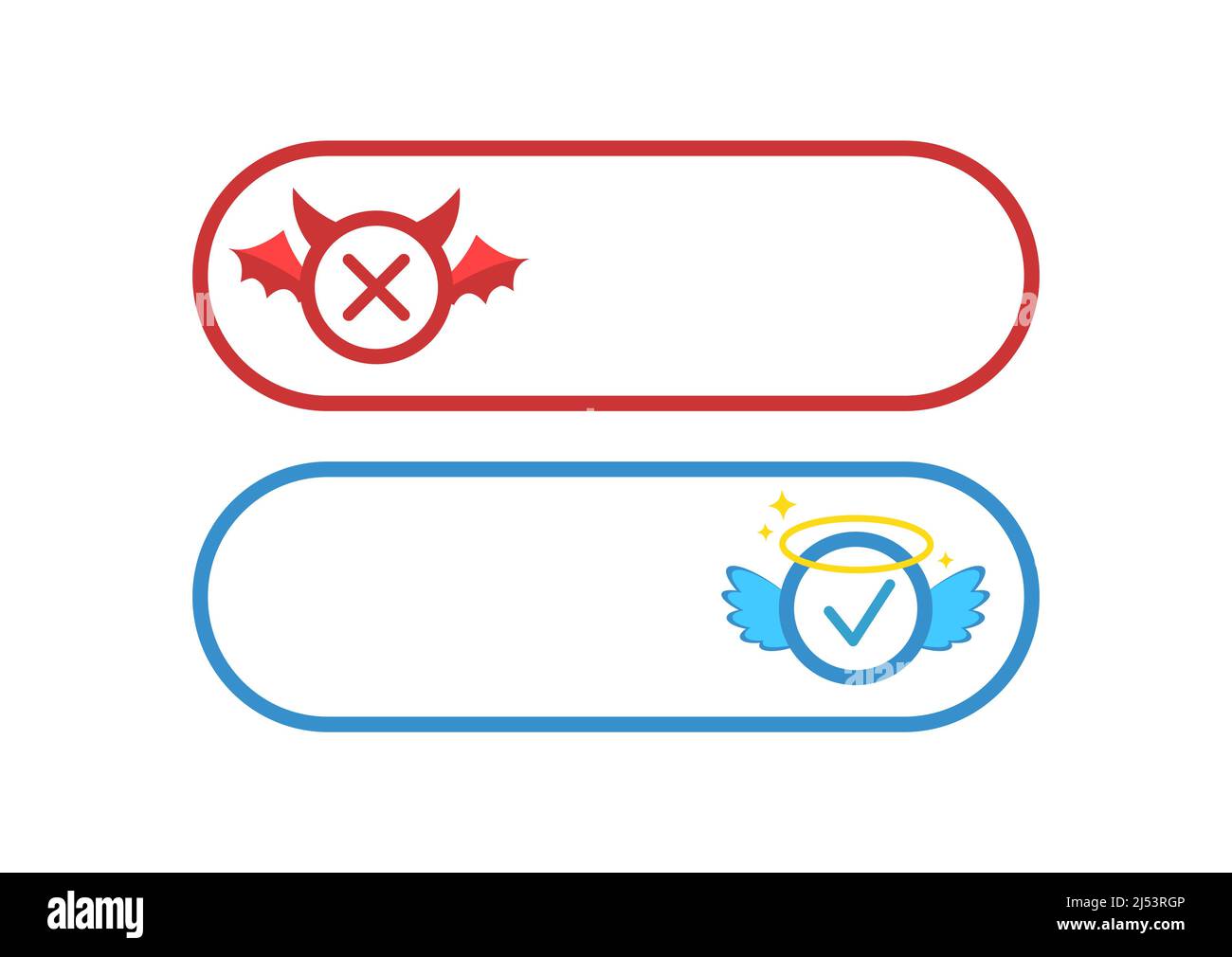 Fakt vs Mythos Engel und Teufel Taste Symbol Vektor gesetzt. Stock Vektor