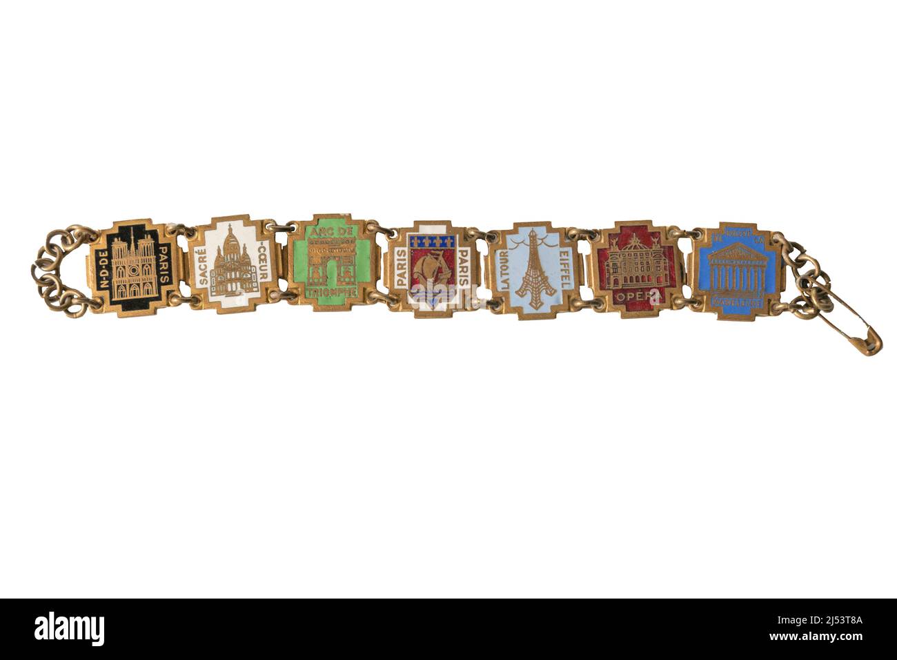 Charm Armband mit Wahrzeichen in Paris der 1950er Jahre auf weißem Hintergrund Stockfoto