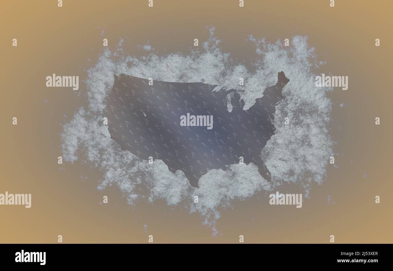 Rahmen mit United Stites-Karte aus den Textwellen von Flour und USA. Draufsicht. Lebensmittelkonzept. Stockfoto