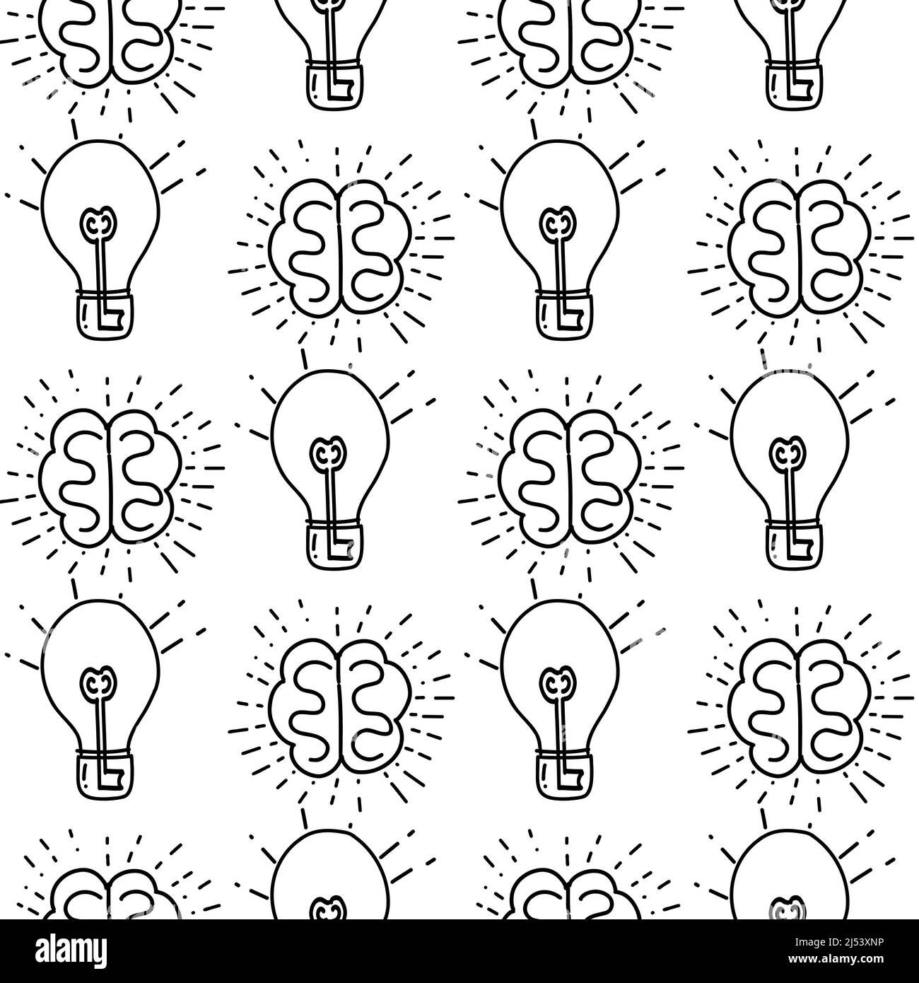 Nahtloses Muster mit einer Illustration einer Lampe und eines Gehirns als Symbol einer guten Idee im Doodle-Stil Stock Vektor