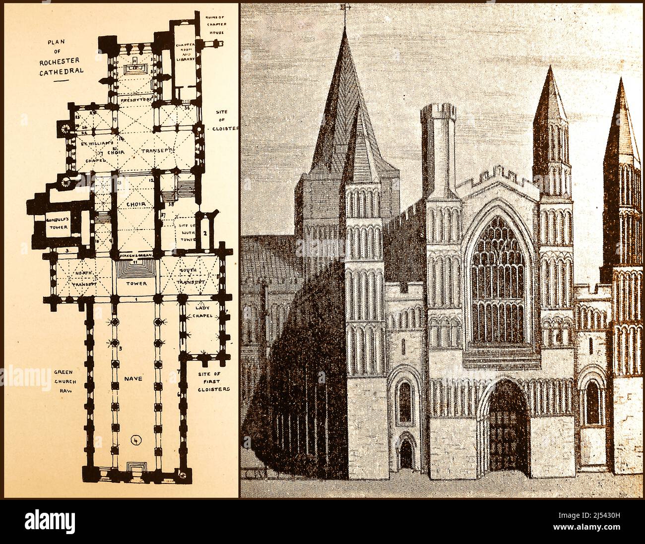 Rochester Cathedral, Großbritannien - ein früher Plan und eine Skizze der Kirche. Stockfoto