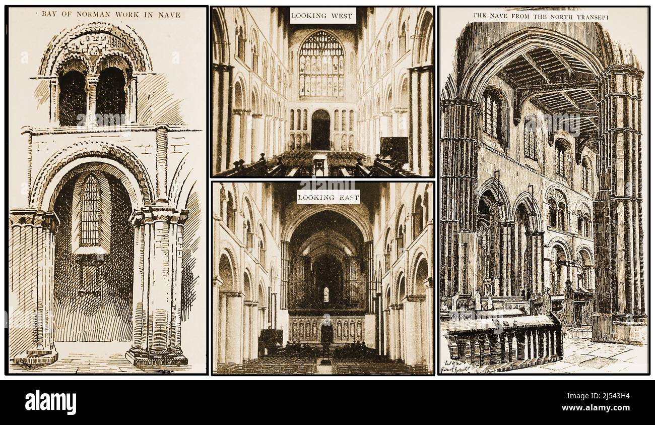 Eine alte Illustration aus dem 19.. Jahrhundert, die verschiedene Ansichten des Kirchenschiffs in der Rochester Cathedral, Großbritannien, zeigt Stockfoto