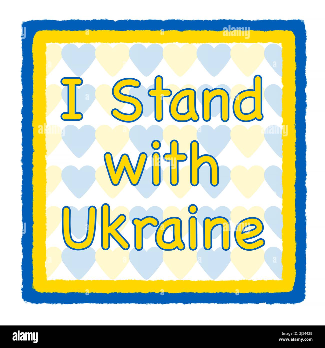 Slogan I stand mit Ukraine im quadratischen ukrainischen Fahnenrahmen über weiß Stockfoto