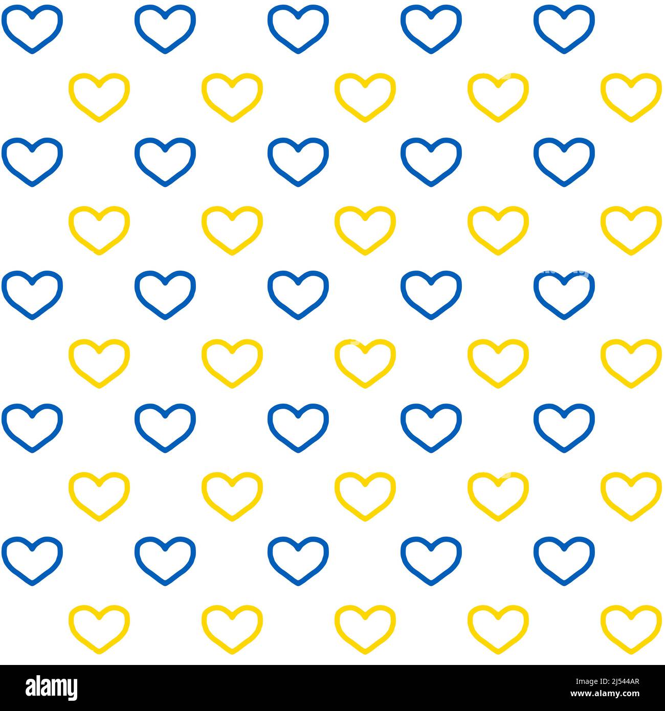 Stand mit Ukraine-Hintergrund: Nahtloses Muster aus blauen und gelben Herzen auf weißem Hintergrund Stockfoto