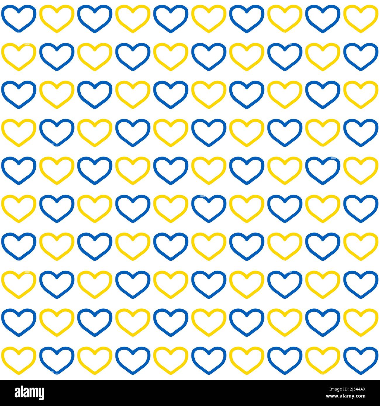 Stand mit Ukraine: Nahtloses Muster aus blauen und gelben Herzen auf weißem Hintergrund Stockfoto