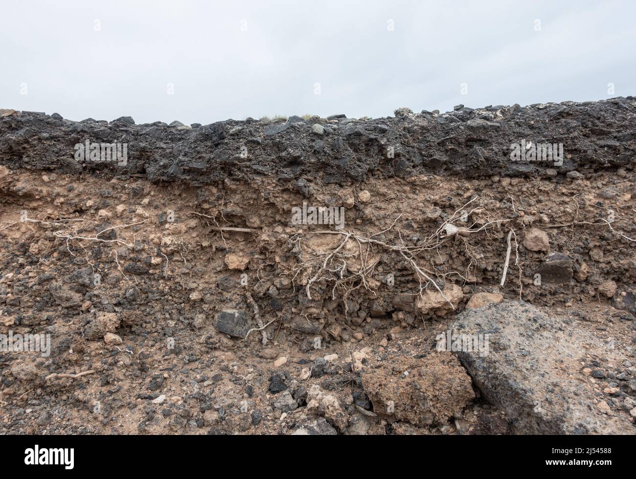 Freiliegende Schichten auf alter asphaltierte Straße. Erosion, Klimawandel... Stockfoto