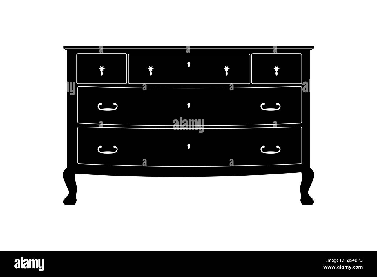 Сhest von Schubladen Symbol auf weißem Hintergrund isoliert. Schwarze Vintage Kommode Silhouette. Retro-Möbel-Symbol. Altes Innenschild. Vektorgrafik Stock Vektor