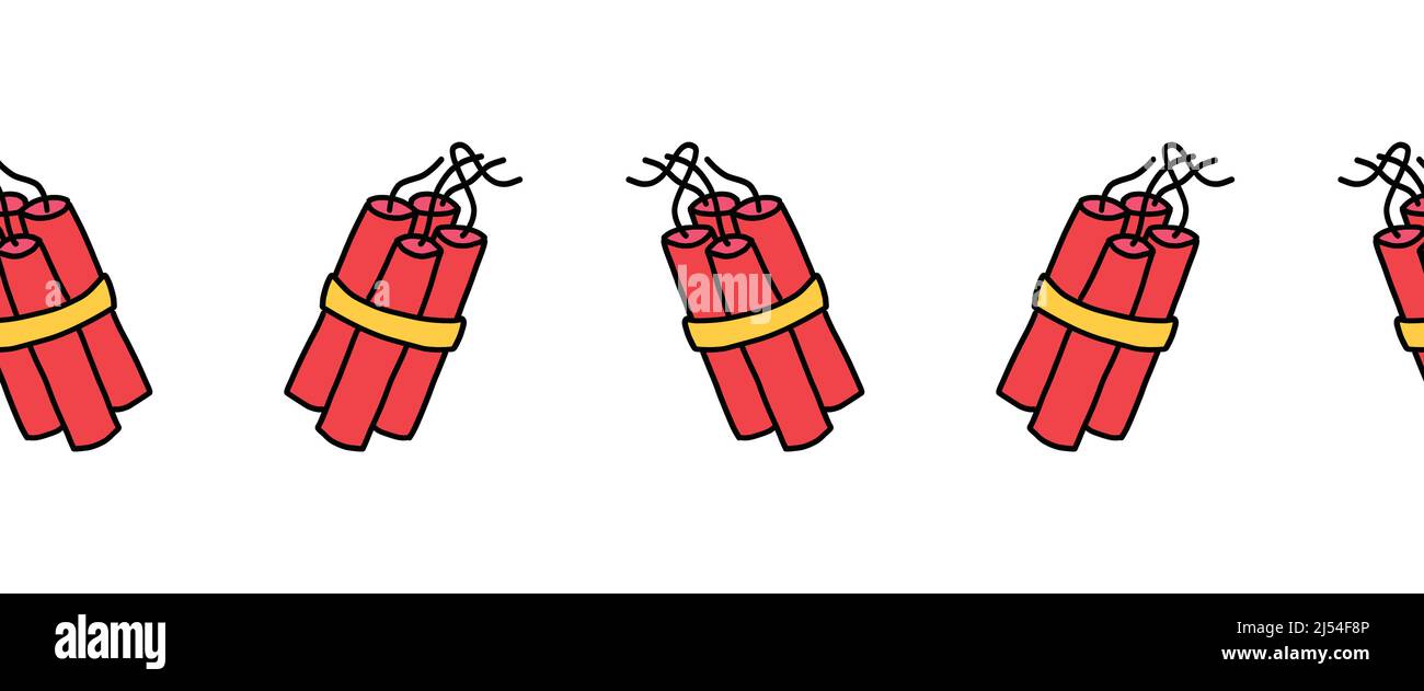 Dynamit-Stick-Symbol isoliert auf weißen nahtlosen Rand. Wiederholende Hintergrund explosive rote TNT Bombe Muster Cartoon-Stil. Vektorgrafik für Stock Vektor