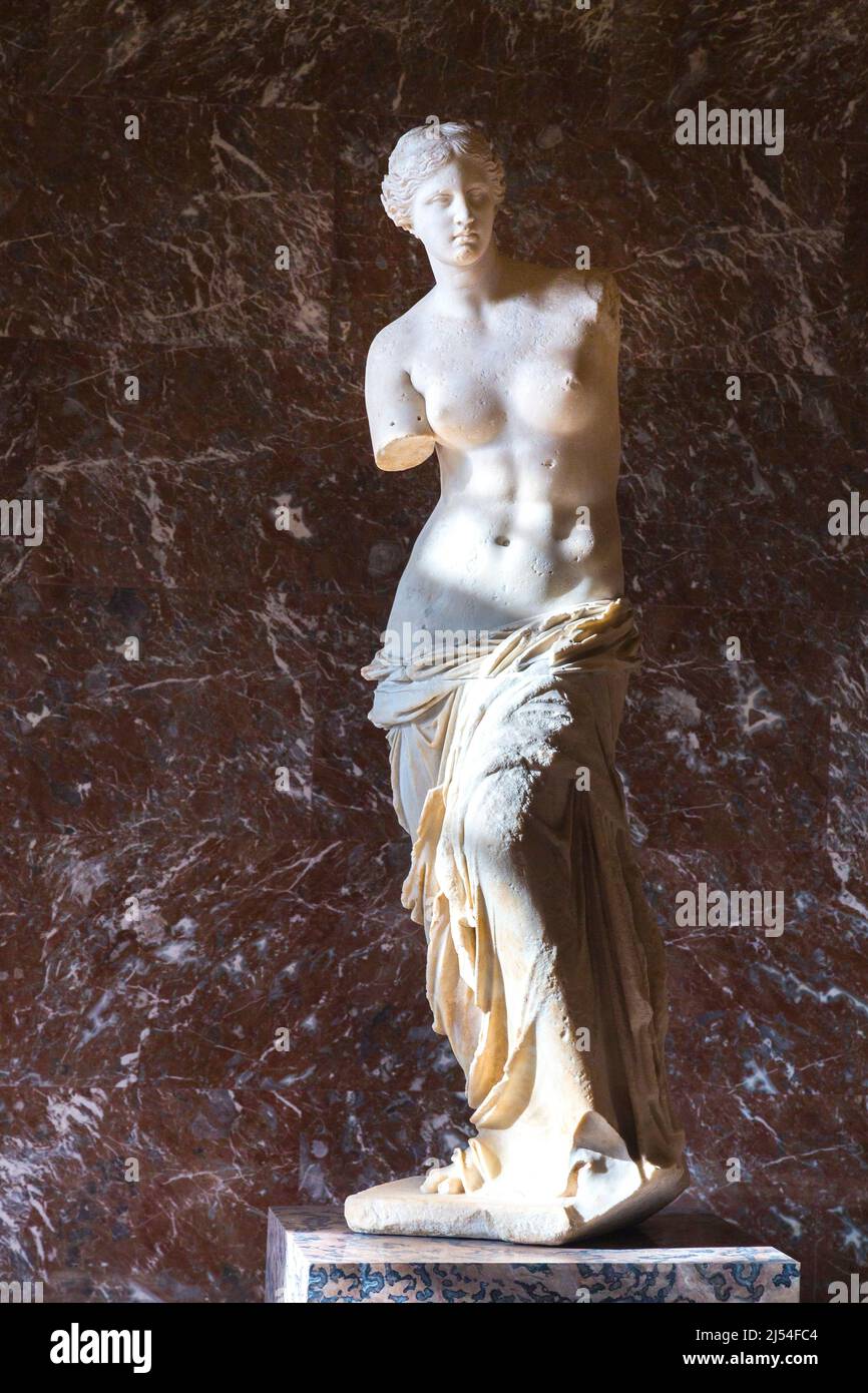 Alte griechische Statue, Aphrodite von Milos, Venus von Milo, 100 v. Chr., Alexandros von Antiochien, Musée du Louvre, Paris Frankreich, Europa Stockfoto