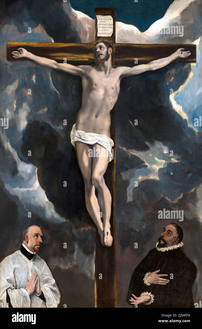 Christus am Kreuz, verehrt von zwei Spenderinnen, El Greco, Musée du Louvre, Paris, Frankreich, Europa Stockfoto