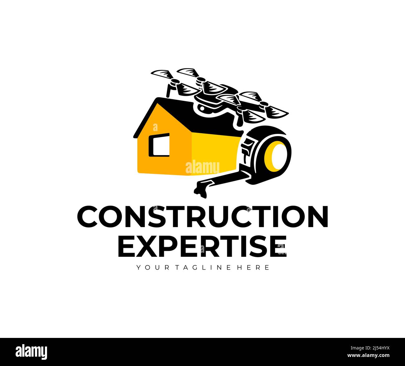 Baukompetenz, Haus, Maßband, Drohne und Quadcopter, Logo-Design. Bau, Haus und Gebäude Inspektion, Vektor-Design und illustrative Stock Vektor