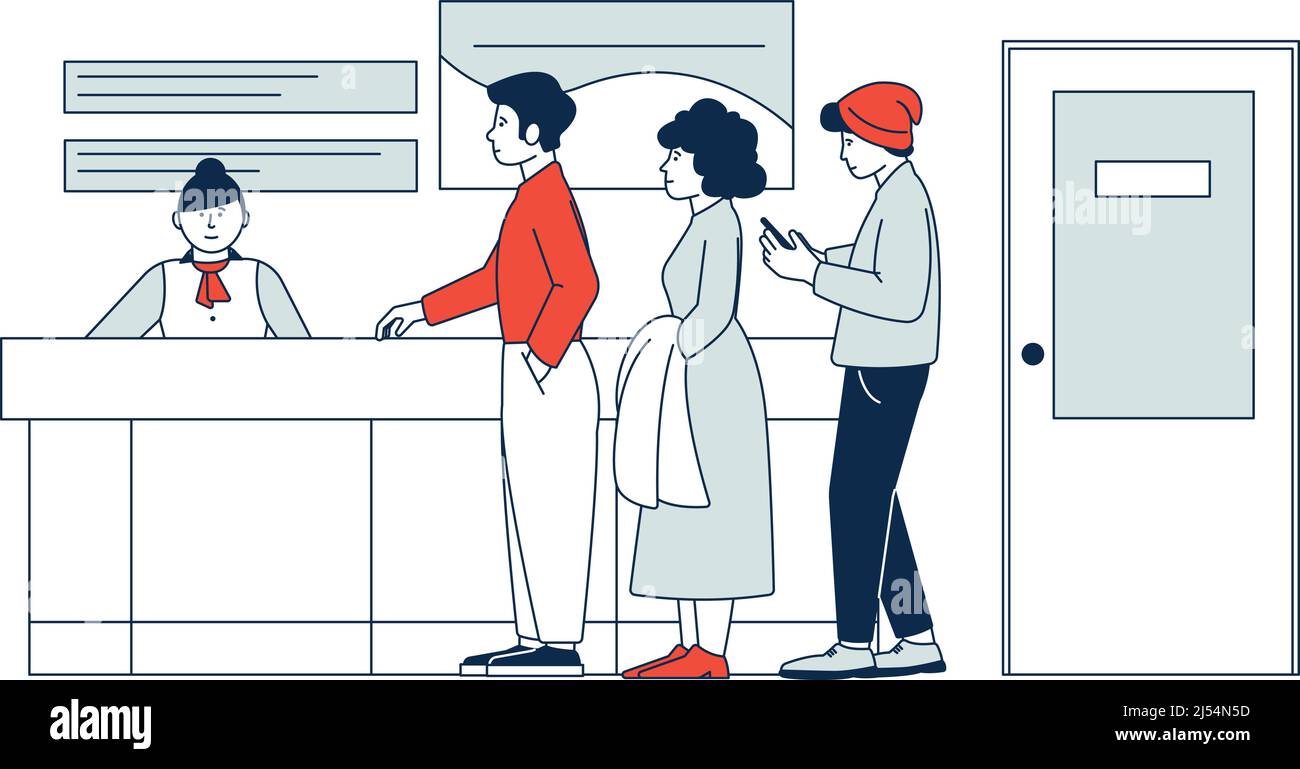 Leute warten Schlange an der Rezeption. Büroausstattung Stock Vektor