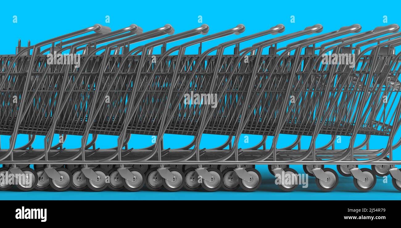 Viele Warenkorb, Online-Lieferservice. 3D Render leerer Supermarkt Push Cart. Blauer Hintergrund des Kopierbereichs. Finanzkrisen und steigende Inflation Stockfoto