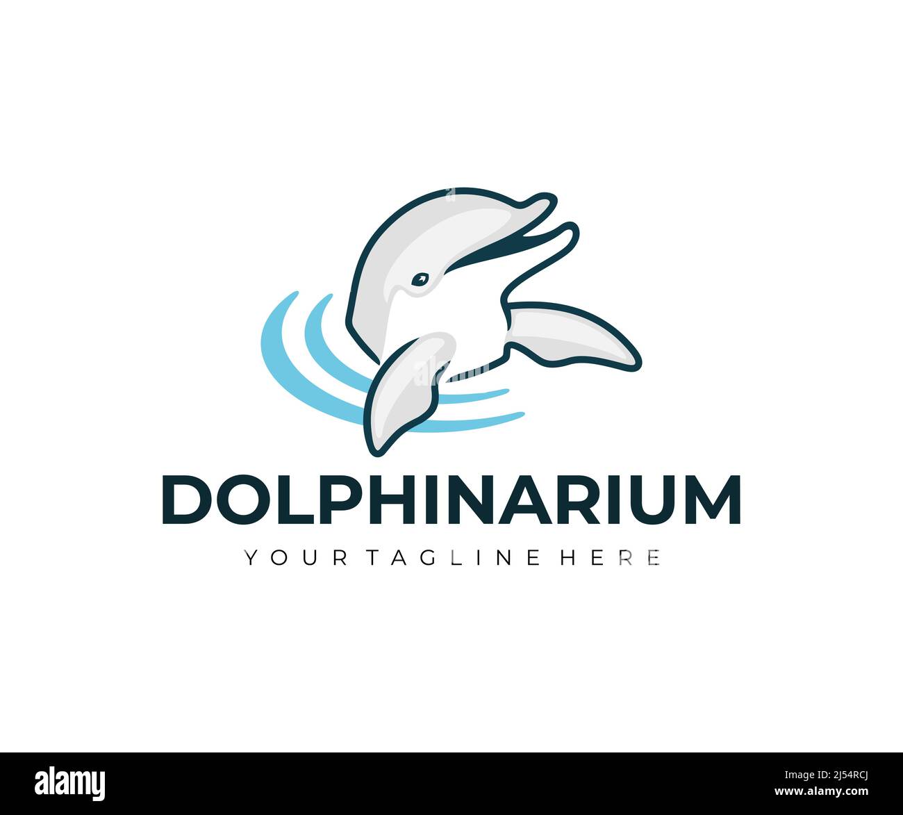 Delfinarium, Delphin im Wasser und winkende Flossen, Logo-Design. Tier, Fisch, Meeresleben und Unterwasserwelt, Vektorgrafik und Illustration Stock Vektor