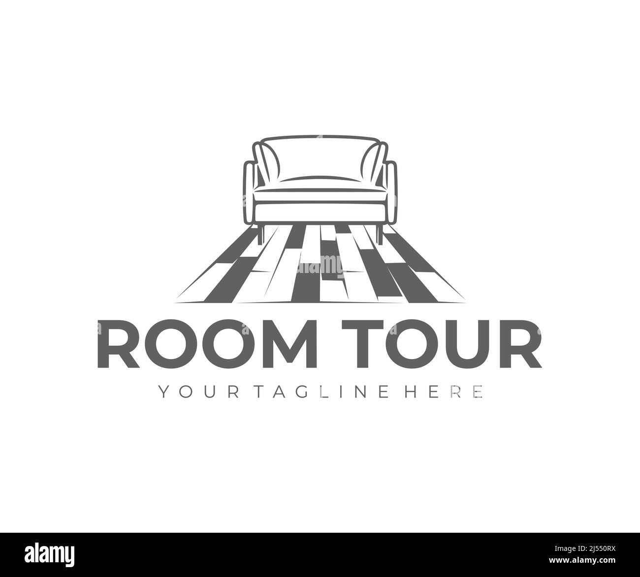 Zimmerführung, Interieur, Sofa und Laminatboden, Logo-Design. Home Interieur, Möbel, Wohnzimmer und Sessel, Vektor-Design und Illustration Stock Vektor