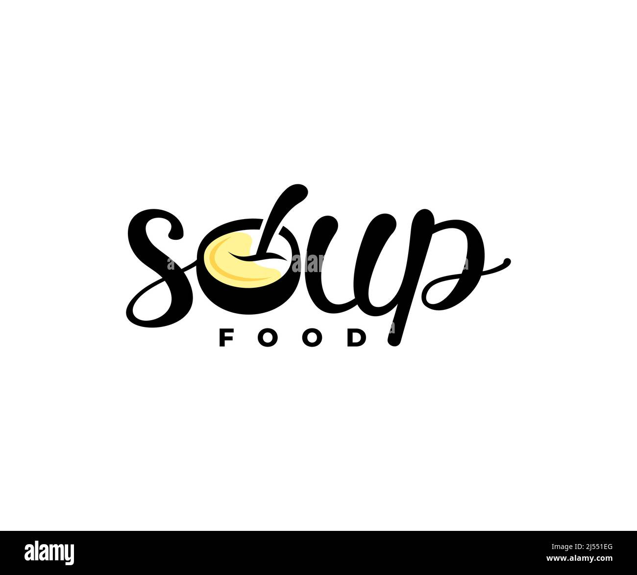 Suppe, Schüssel mit Löffel, Ramen-Suppe, Wortmarke, Schriftzug und Typografie, Logo-Design. Essen, Essen, Restaurant, Catering und Kantine, Vektordesign Stock Vektor