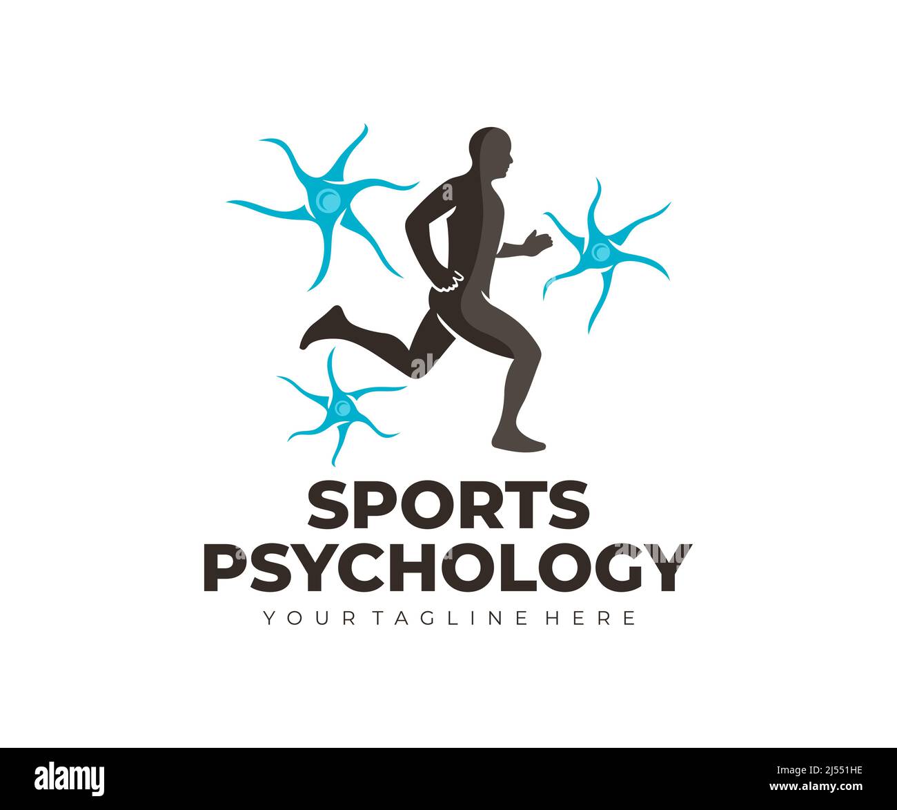 Sportpsychologie, Neuronen, Läufer und Sport, Logo-Design. Aktiver Lebensstil, geistige Funktion, Medizin und Neurologie, Vektordesign und Illustration Stock Vektor