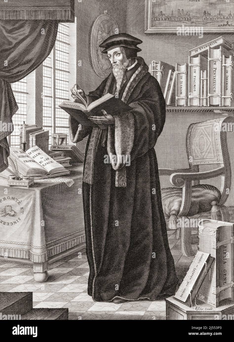 John Calvin, geboren Jehan Cauvin, 1509–1564. Französischer Theologe, Pastor und Reformator in Genf während der Reformation. Nach einer Arbeit von François Stuerhelt. Stockfoto