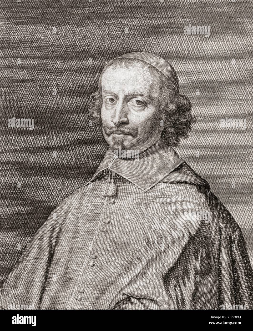 Kardinal Jules Raymond Mazarin, 1. Herzog von Rethel, Mayenne und Nevers, 1602 – 1661, geboren Giulio Raimondo Mazzarini oder Mazarini. Italienischer Kardinal, Diplomat und Politiker. Nach einem Stich von François Stuerhelt nach einem Gemälde von Philippe de Champaigne. Stockfoto