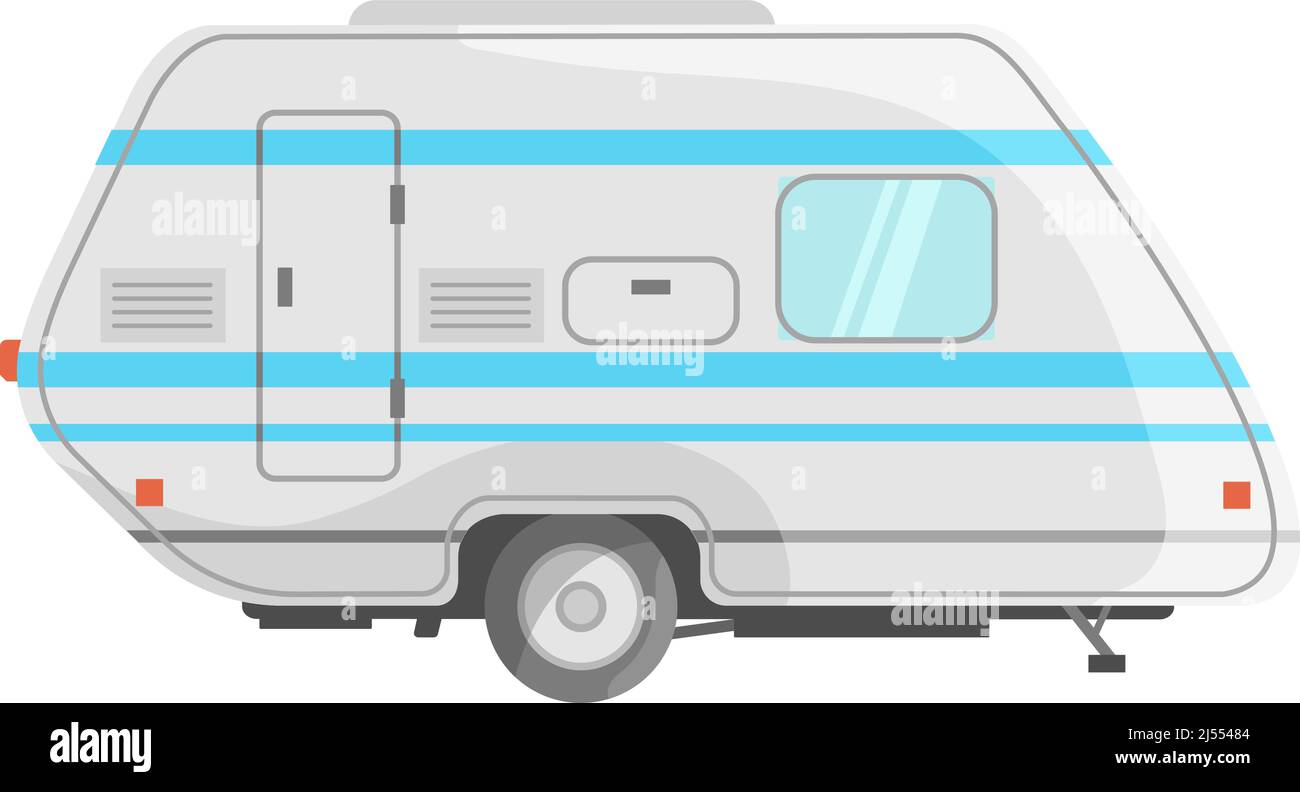 Weißer Anhänger mit blauen Streifen. Retro Tourist Auto für Straße, Symbol flache Vektor-Illustration isoliert auf weißem Hintergrund Stock Vektor