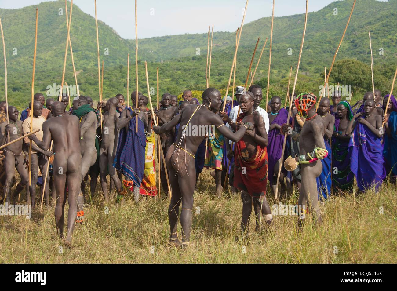 Donga-Stock-Kampf-Zeremonie, Surma Stamm, Tulgit, Omo-Tal, Äthiopien Stockfoto