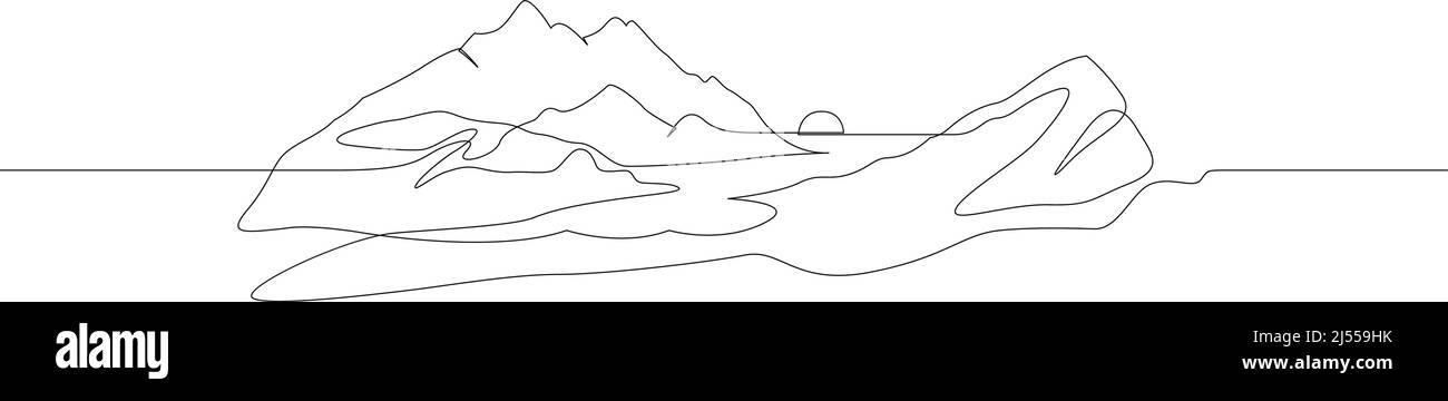 Berglandschaft mit Fluss. Minimalistisches, kontinuierliches Zeichnen mit einer Linie. Grafiken für Reisen. Vektorgrafik. Schwarz auf Weiß Stock Vektor
