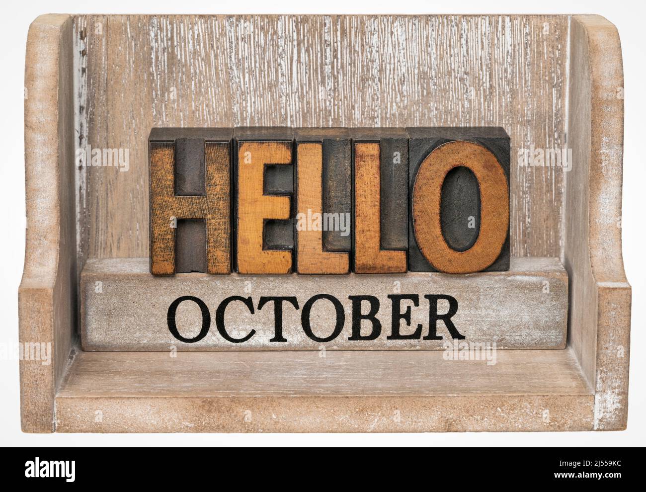 Hallo Oktober im Vintage-Buchdruck Holzart innen Grunge Holzkiste, Kalender-Konzept Stockfoto
